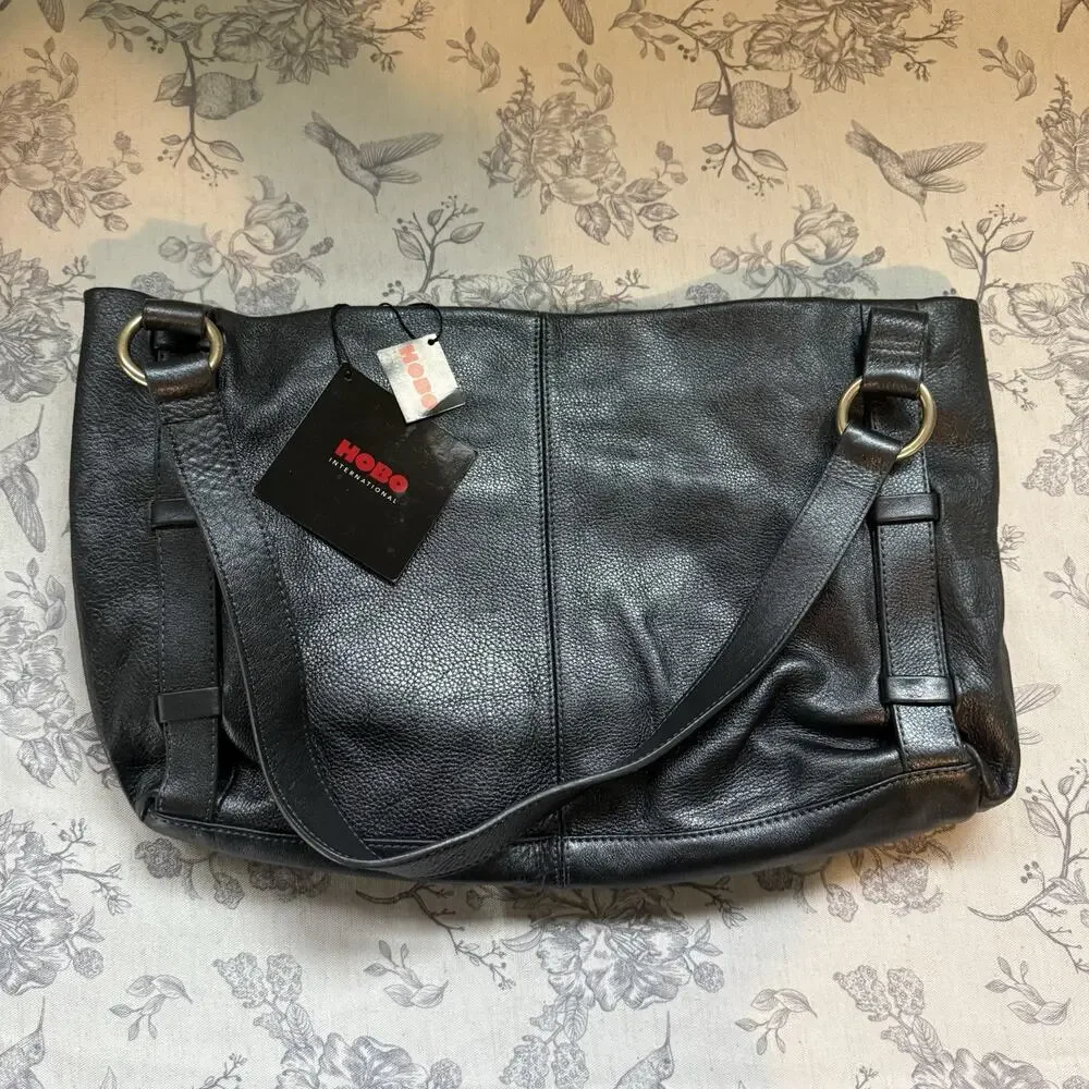 Vtg Hobo International Black Pebbled Leather Shoulder Handbag Purse O-Ring New